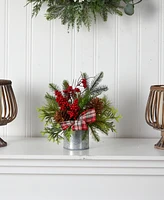 Holiday Winter Pinecones, Berries, Greenery and Plaid Bow Artificial Christmas Table Arrangement, 12"