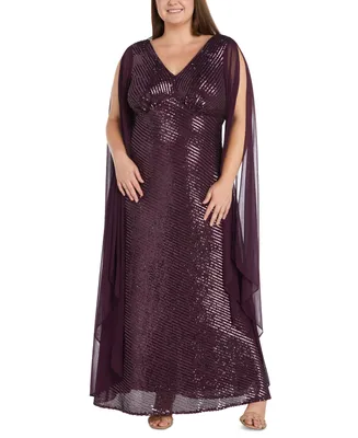 Nightway Plus Size Sequined Cape Gown
