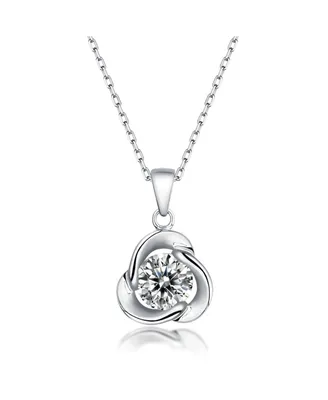 Sterling Silver White Gold Plated with 1ct Round Moissanite Solitaire Flower Swirl Pendant Necklace