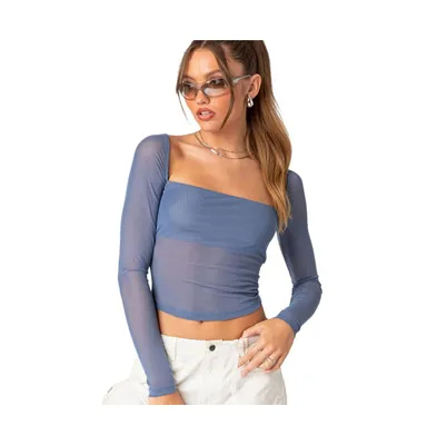 Women's Long Sleeve Square Neck Mesh Top