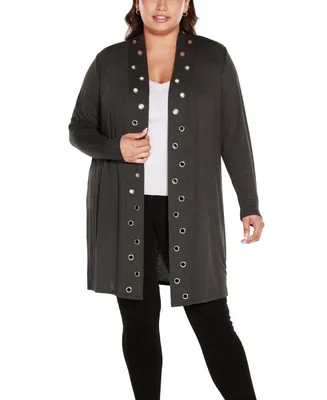 Belldini Plus Size Long Sleeve Grommet Trim Cardigan Sweater