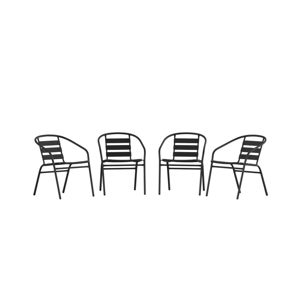 Emma+Oliver 4 Pack Aluminum Commercial Indoor-Outdoor Restaurant Stack Chair With Triple Slat Faux Teak Back