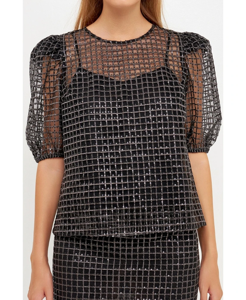 Women's Sequins Mesh Grid Top