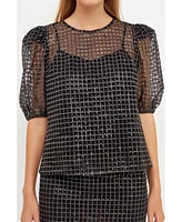 Women's Sequins Mesh Grid Top