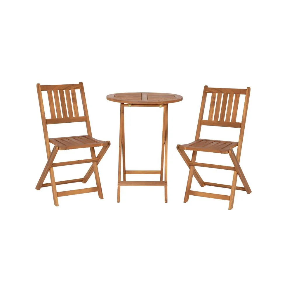 Stora Three Piece Solid Acacia Wood Folding Patio Bistro Set With Lightweight Round Table And Two Chairs