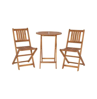 Stora Three Piece Solid Acacia Wood Folding Patio Bistro Set With Lightweight Round Table And Two Chairs