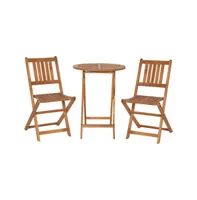 Stora Three Piece Solid Acacia Wood Folding Patio Bistro Set With Lightweight Round Table And Two Chairs