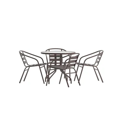 Rhea 31.5'' Round Glass Top Metal Table With 4 Aluminum Slat Stack Chairs