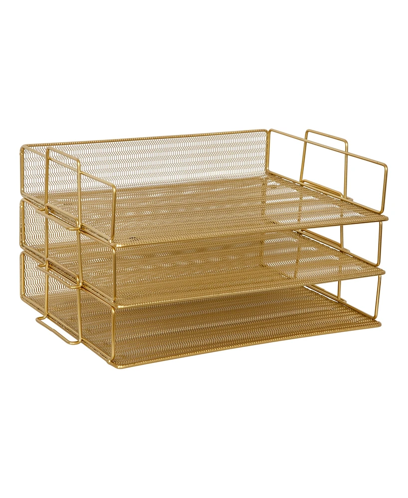 Martha Stewart Ryder 3 Tier Desk Letter Tray Organizer, Stackable Steel Mesh Inbox Tray for Files, Papers, or Letters