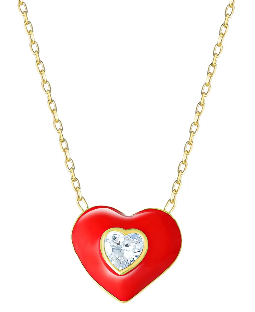 8.5-9mm Cultured Pearl and Red Enamel Heart Pendant Necklace in Sterling  Silver and 14kt Yellow Gold. 18