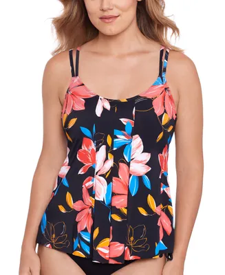 Swim Solutions Women's Floral-Print Pleated Tankini Top, Created for Macy's