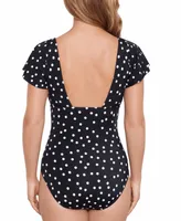 Swim Solutions Women's Flutter-Sleeve Polka Dot One-Piece Swimsuit, Created for Macy's