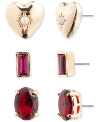 Lauren Ralph Lauren Gold-Tone 3-Pc. Set Imitation Pearl Heart & Color Stone Stud Earrings