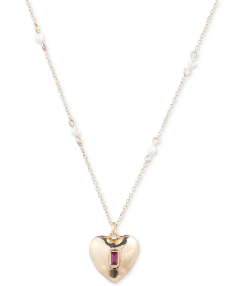 Lauren Ralph Lauren Gold-Tone Baguette Stone Heart Imitation Pearl Beaded Pendant Necklace, 16" + 3" extender