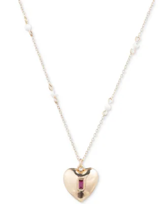Lauren Ralph Lauren Gold-Tone Baguette Stone Heart Imitation Pearl Beaded Pendant Necklace, 16" + 3" extender
