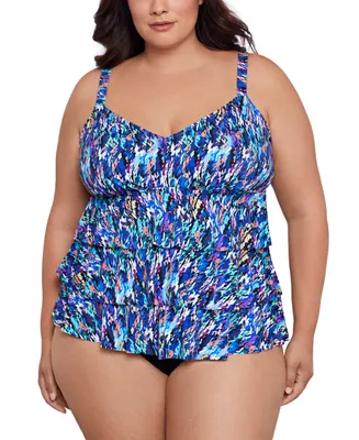 Swim Solutions Plus Size Printed Tiered Fauxkini One-Piece Swimsuit