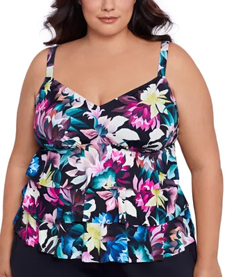 Swim Solutions Plus Floral-Print Tiered Tankini Top, Created for Macy's