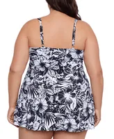 Swim Solutions Plus Size Floral-Print Flyaway Swim Dress, Created for Macy's