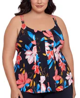 Swim Solutions Plus Floral-Print Pleated Tankini Top, Created for Macy's