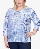 Alfred Dunner Plus Size Lavender Fields Geo Floral Printed Ruffle Top