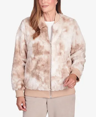 Alfred Dunner Petite St.Moritz Zip Up Space Dye Faux Fur Bomber Style Jacket