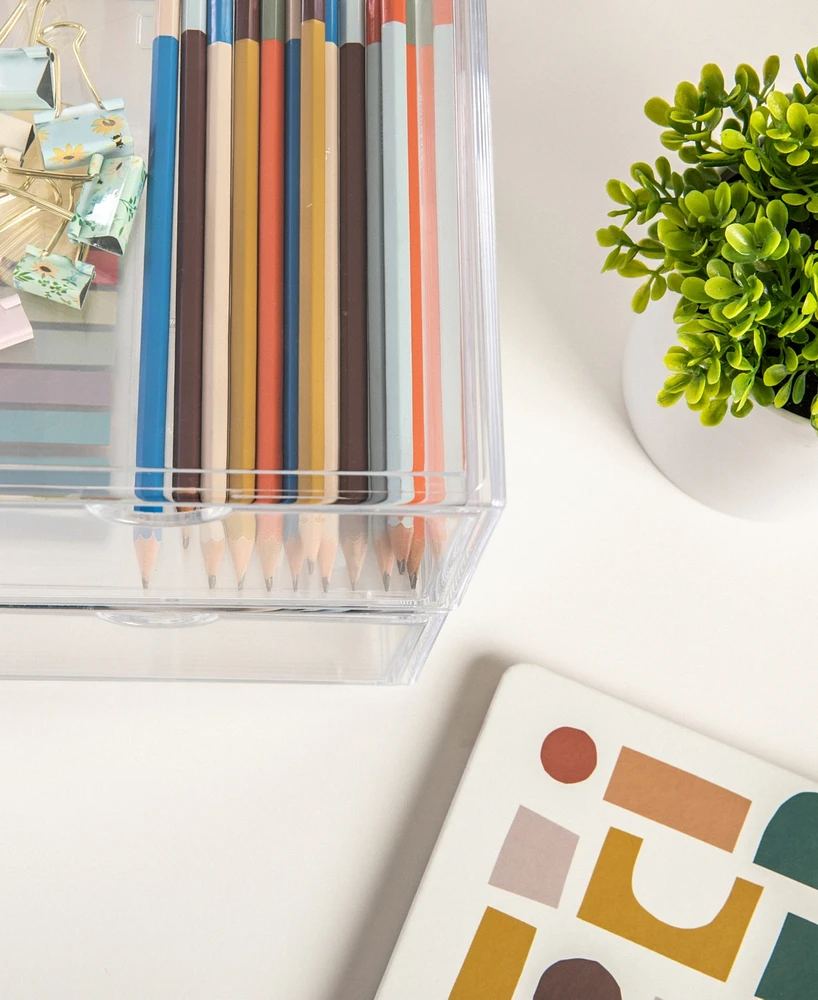 Martha Stewart Brody 2 Pack Plastic Stackable Office Desktop Organizer Boxes with Drawer, 6" x 7.5"