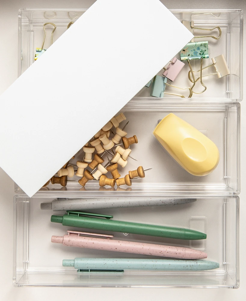 Martha Stewart Brody Plastic Storage Organizer Bins with Engineered Wood Lid for Home Office, Kitchen or Bathroom, 3 Pk Medium, 3.75" x 3"