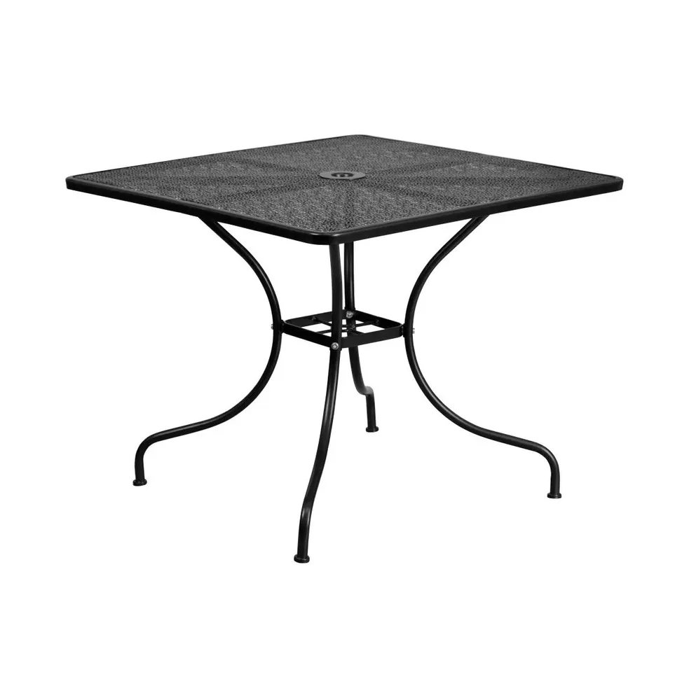 Emma+Oliver Commercial Grade 35.5" Square Colorful Metal Garden Patio Table With Umbrella Hole