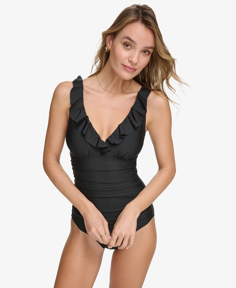 Dkny Ruffle Plunge Underwire Tummy Control One-Piece Swimsuit, Created for Macy's