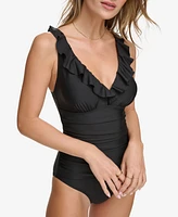 Dkny Ruffle Plunge Underwire Tummy Control One-Piece Swimsuit, Created for Macy's