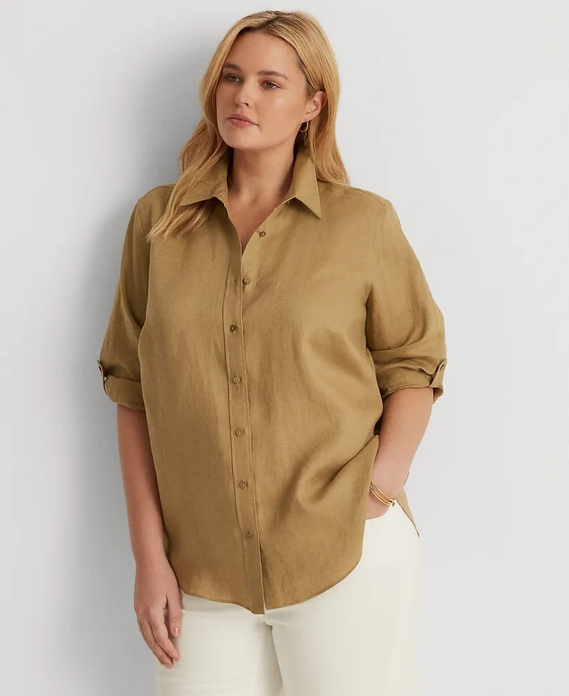 Lauren Ralph Lauren Women's Plus Size Linen Ankle Pants (20W, Tan) at   Women's Clothing store