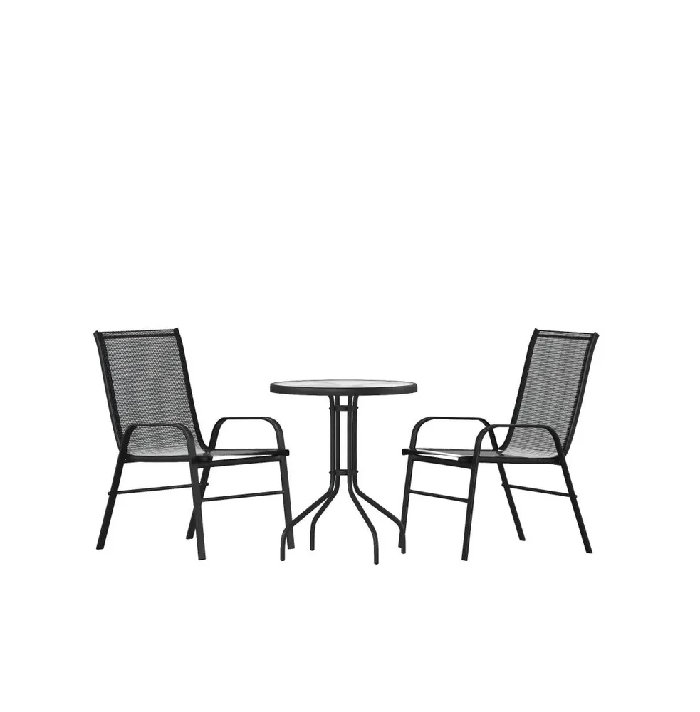 Three Piece Patio Table Set With Round Metal Frame Tempered Glass Top And Two Flex Comfort Stacking Chairs