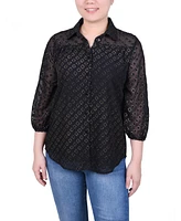 Ny Collection Petite 3/4 Sleeve Foiled Jacquard Chiffon Blouse