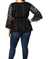 Women's Plus Sequin Sparkle Bell Sleeve Lace Top