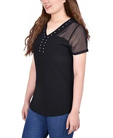 Ny Collection Petite Short Sleeve Studded Top