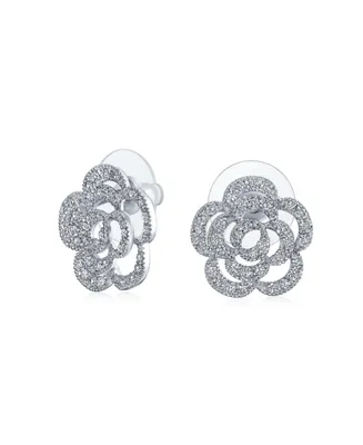 Pave Cz Accent Open Floral Love Rose Flower Stud Earrings For Women Wedding Party Bridesmaids Brides Rhodium Plated Brass 15MM