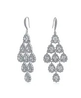 Bridal Statement Waterfall Multi Teardrop Marquise Big Dangle Chandelier Earrings For Women Prom Rhodium Plated Brass