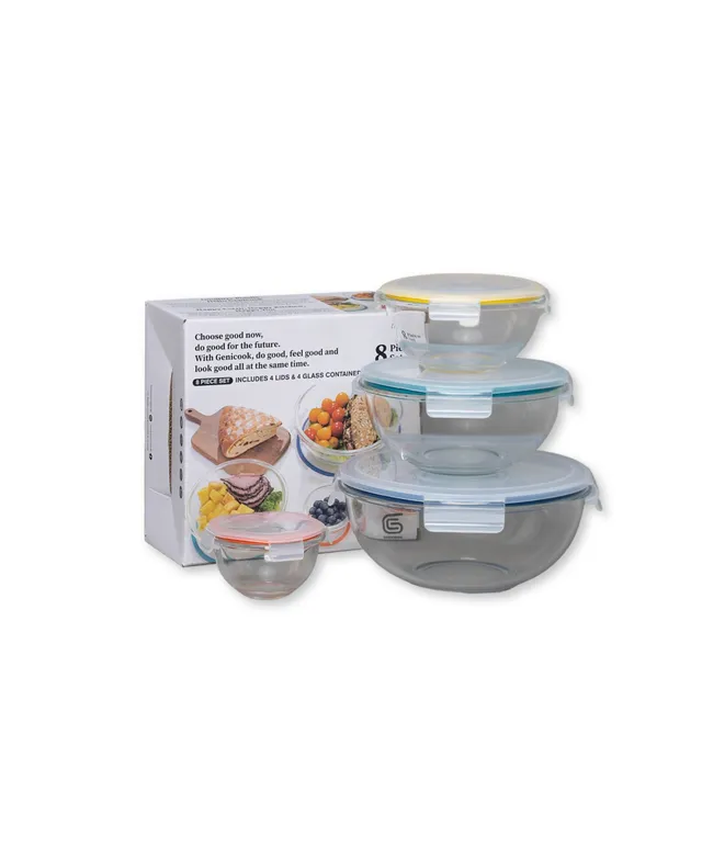 Genicook Nesting Glass Salad/Mixing Bowl Set - 8 PC Set (4 Bowls, 4 Lids)