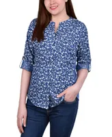 Ny Collection Petite 3/4 Sleeve Roll Tab Chambray Blouse