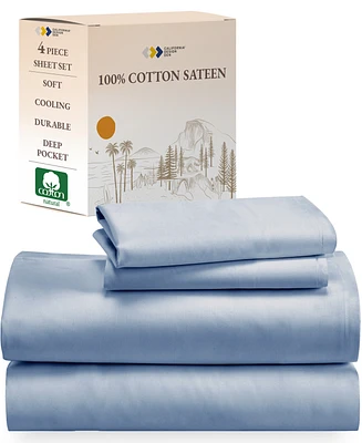 Soft 100% Cotton Sheets Set - Cooling Durable Sateen, Deep Pocket Queen
