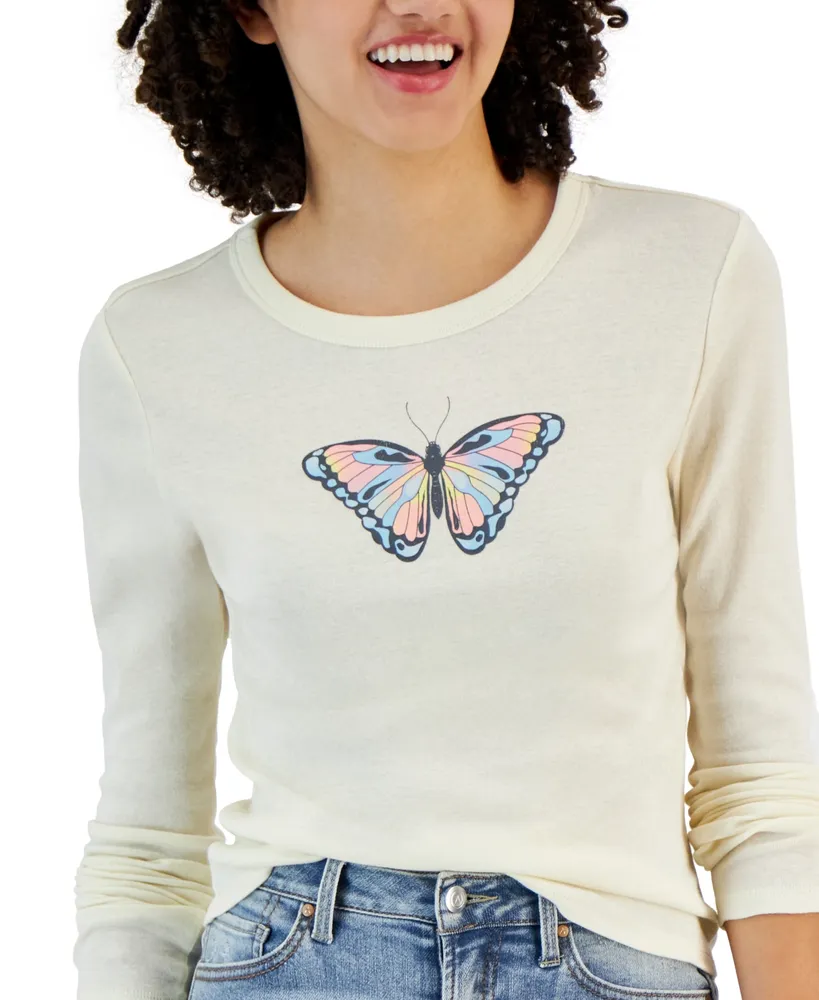 Rebellious One Juniors' Long-Sleeve Crewneck Butterfly Graphic T-Shirt