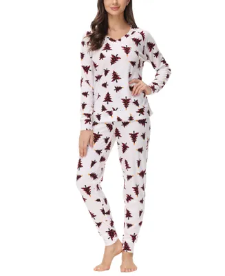 Ink+Ivy Women's Printed Microfleece V-neck Long Sleeve Top with Jogger 2 Pc Pajama Set