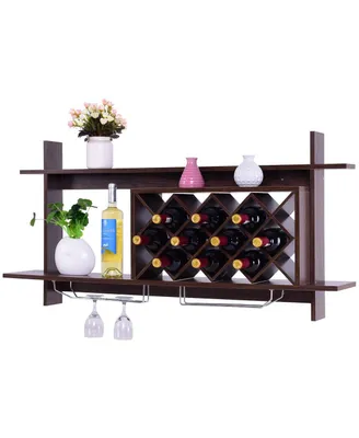 Wall Mount Wine Rack with Glass Holder and Storage Shelf
