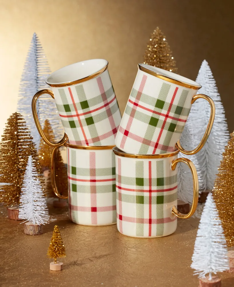 Lenox Holiday Plaid Gold-Trimmed Porcelain Mugs, Set Of 4