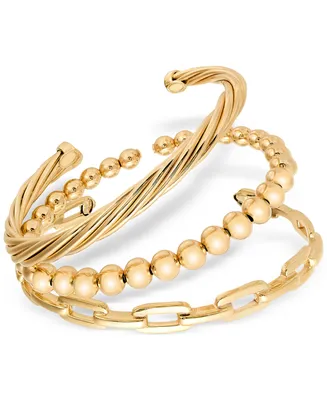 3-Pc. Set Beaded, Torchon & Paperclip Cuff Bangle Bracelets in 14k Gold-Plated Sterling Silver