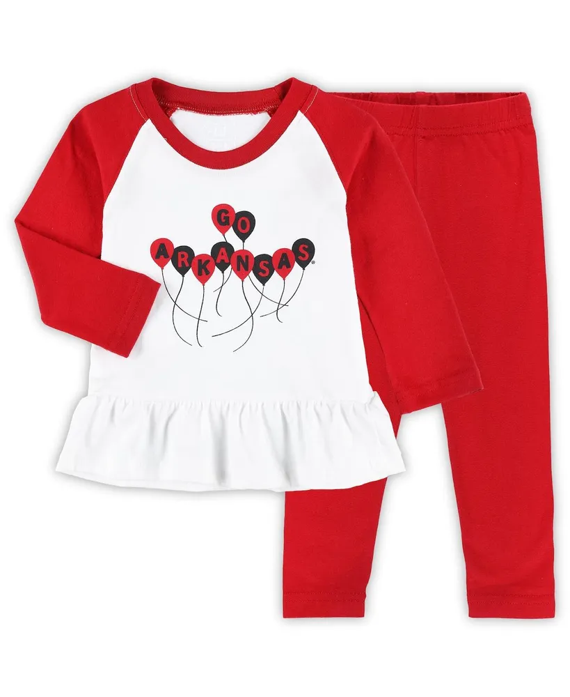 Girls Infant Wes & Willy Cardinal, White Arkansas Razorbacks Balloon Raglan 3/4-Sleeve T-shirt and Leggings Set