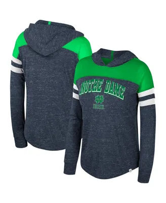 Women's Colosseum Navy Distressed Notre Dame Fighting Irish Speckled Color Block Long Sleeve Hooded T-shirt