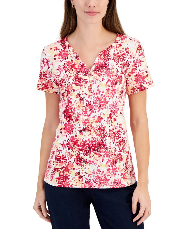Karen Scott Women's Short-Sleeve Floral-Print Henley Top, Created for Macy's
