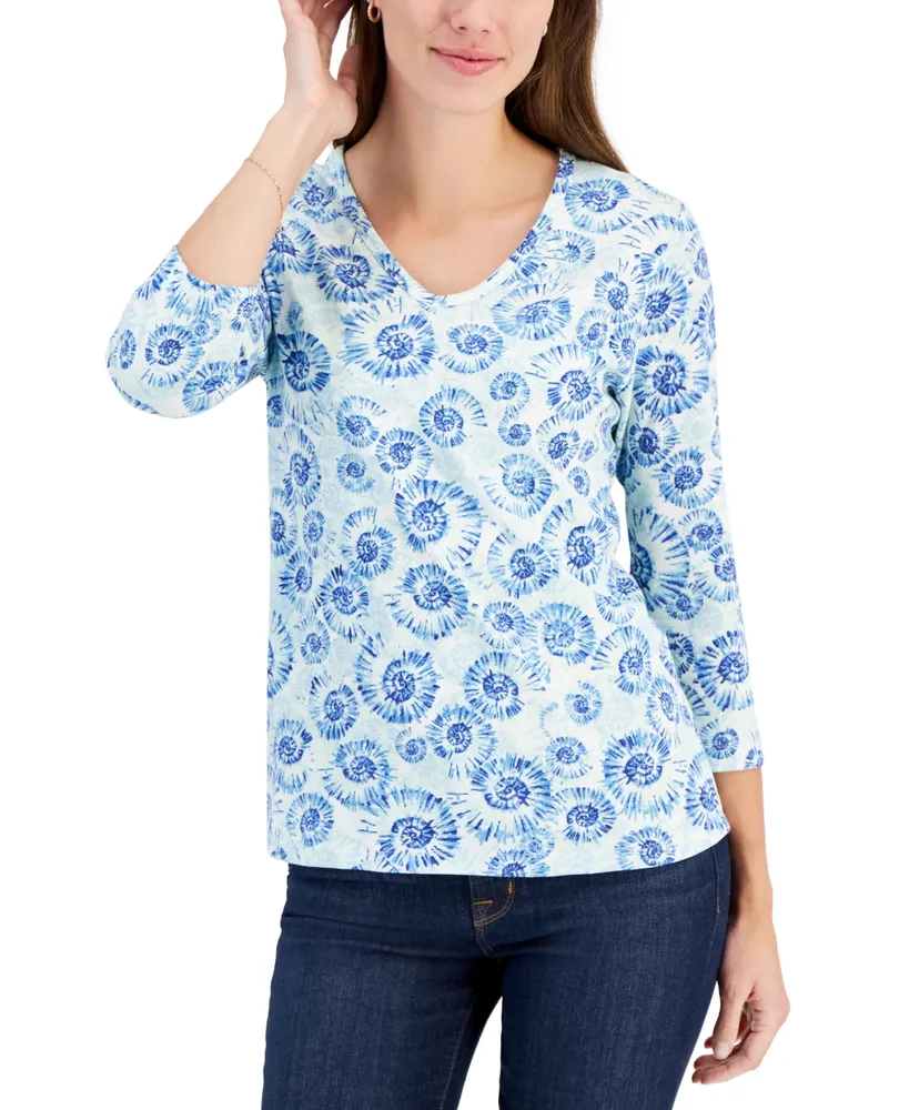 Karen Scott Women's 3/4-Sleeve Printed V-Neck Top, Created for Macy's