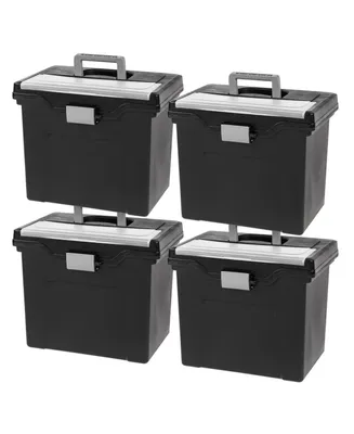 Portable Letter Size File Box with Built-In Organizer Lid and Handle for Hanging Folders, 4 Pack, Large, Black